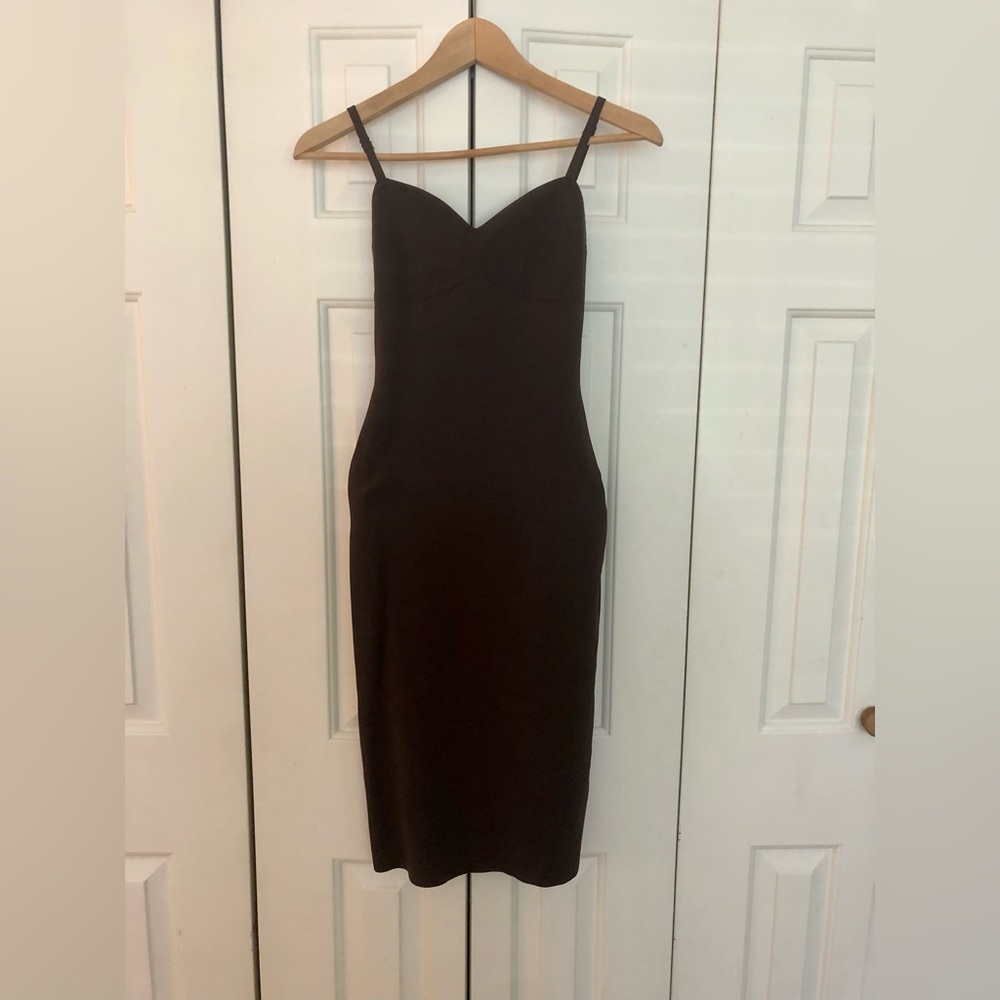 Babaton Brown Midi Dress with Spaghetti Straps